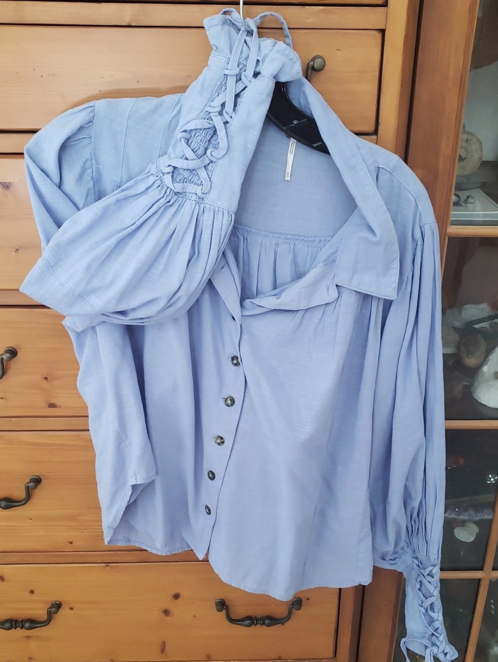 Free People Light Blue Women's Button-Front Blouse with Lace-Up Sleeves Size Xs